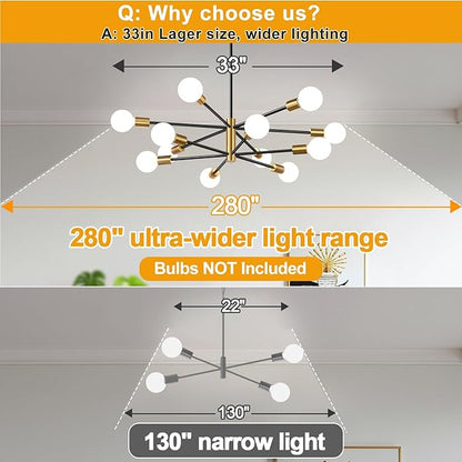 10.9"-52.3" Height Adjustable Modern Chandelier Ceiling Light Fixture, 12-Light Sputnik Chandeliers Brushed Gold and Black Mid Century Chandelier Over Table, Chandeliers for Dining Room Living Room