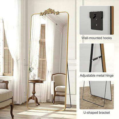 Antok Arched Full Length Mirror, 81"x41" Floor Mirror with Carved, Full Body Mirrors for HomeDecor, Standing/Halling Large Wall Mirror for Bedroom, Living Room, Cloakroom, Black, Ornate Style