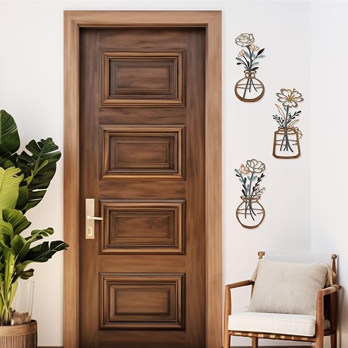 ARTINME 3 Pieces Metal Flowers Wall Arts - Rustic Farmhouse Decor Minimalist Flower Wall Decors for Living Room Bathroom Kitchen Bedroom Dining Room - Housewarming Gifts (Brown)