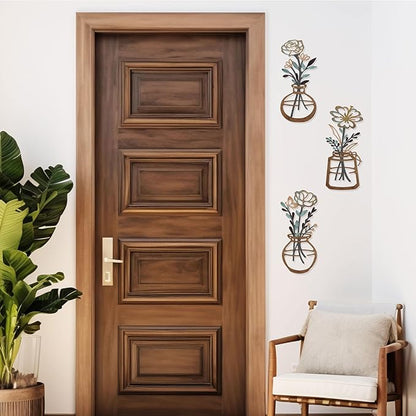 ARTINME 3 Pieces Metal Flowers Wall Arts - Rustic Farmhouse Decor Minimalist Flower Wall Decors for Living Room Bathroom Kitchen Bedroom Dining Room - Housewarming Gifts (Brown)