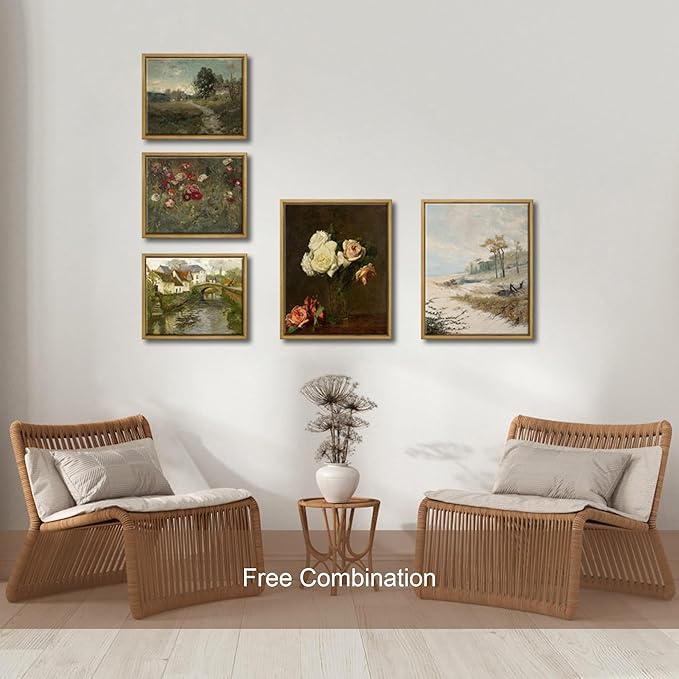 Pyradecor Vintage Retro Framed Wall Art Bathroom Decor Wall Art Roses Paintings Pictures Canvas Prints Mid Century Wall Decor for Living Room Kitchen Decorations
