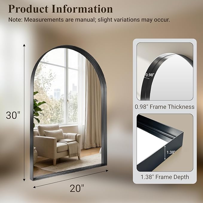 Bathroom Mirror, 20" L×30" W Arched Mirrors for Bathroom Sink, Dark Brushed Black Frame Mirror for Wall, Tempered Glass for Vanity, Living Room,Bedroom, Restroom, Entryway