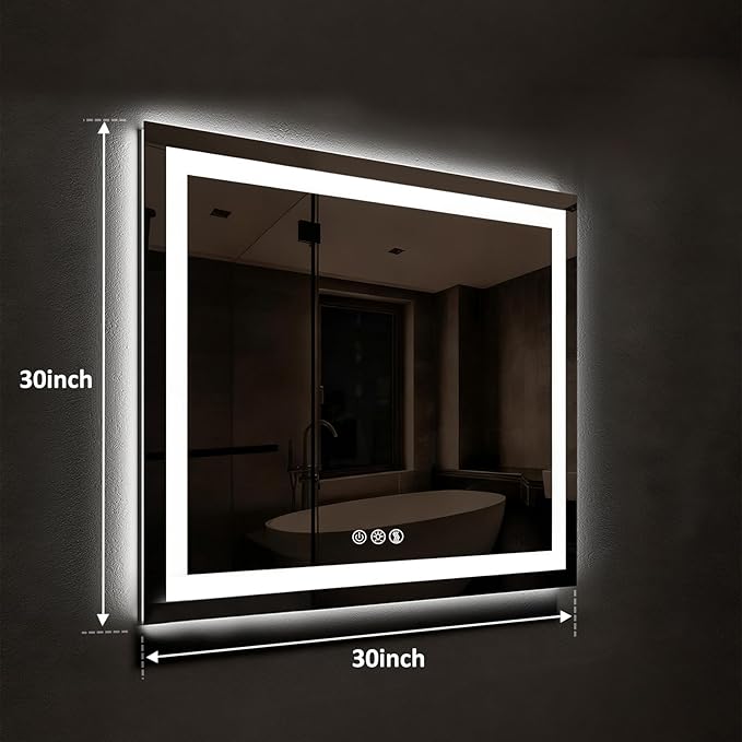 ROOMTEC 30 x 30 Inches LED Bathroom Mirror with Lights, Vanity Mirror with Front and Backlight, Smart Dimmable Anti-Fog LED Mirror for Bathroom, Memory Function, Tempered Glass (Horizontal/Vertical)