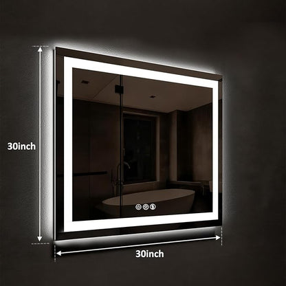 ROOMTEC 30 x 30 Inches LED Bathroom Mirror with Lights, Vanity Mirror with Front and Backlight, Smart Dimmable Anti-Fog LED Mirror for Bathroom, Memory Function, Tempered Glass (Horizontal/Vertical)