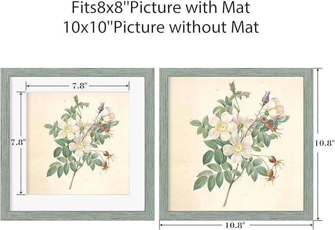 10x10 Picture Frame Set of 9, Display Pictures 8x8 with Mat or 10x10 without Mat, Multi Collage Gallery Square Photo Frames for Wall or Tabletop, Rustic Green