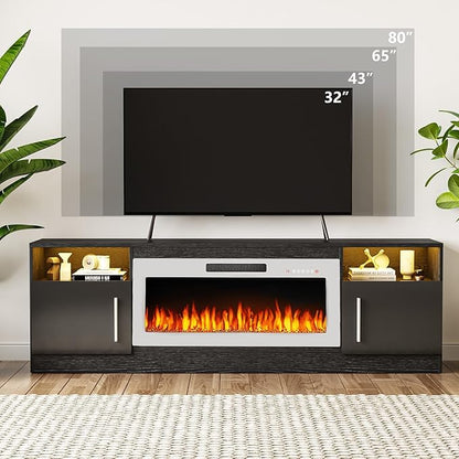 TAVATA 70" Fireplace TV Stand, Modern LED Light Entertainment Center with Storage and 36" Fireplace, Media TV Console for TVs Up to 80", Fire Place TV Stands for Living Room, Black+White