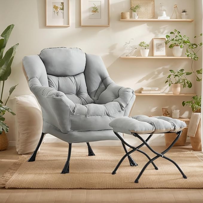 Lazy Chair with Ottoman, Large Light Grey Accent Chair with Ottoman, Comfy Reading Armchair, Leisure Sofa Chair for Living Room, Bedroom, Dorm Room, Office
