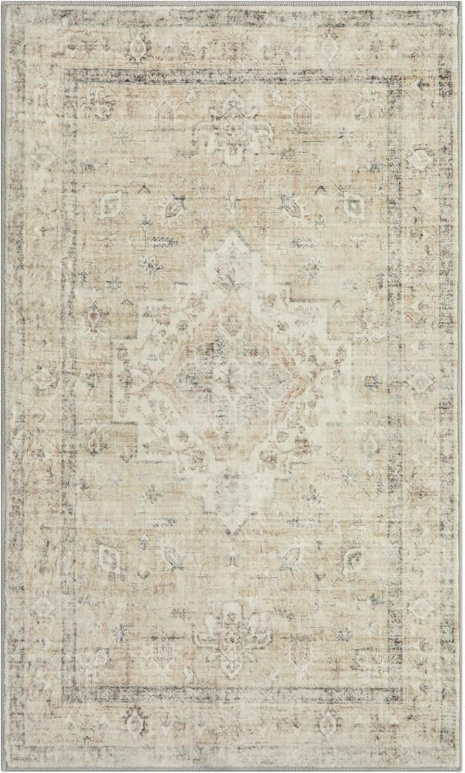 LIVEBOX Entryway Rug 3x5 Washable Area Rugs for Kitchen Bathroom, Non-Slip Front Door Mat for Bedroom, Boho Low-Pile Carpet Farmhouse Throw Indoor Mats for Bath Laundry Room, Tan