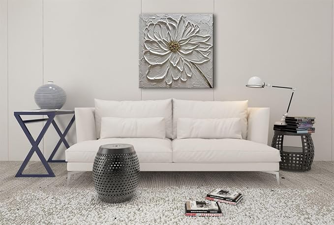 Slyart Hand Paintings 3D Floral Canvas Wall Art 24x24 Inches Abstract White Flower Paintings Modern Contemporary Texture Wall Art White Artwork for Home Decorations