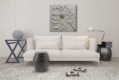 Slyart Hand Paintings 3D Floral Canvas Wall Art 24x24 Inches Abstract White Flower Paintings Modern Contemporary Texture Wall Art White Artwork for Home Decorations