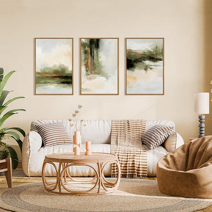 KAIRNE Green Abstract Neutral Framed Canvas Wall Art Set,Modern Watercolor Shapes Wall Decor,Minimalist Pastel Art Prints,Brown Gray Tan Artwork for Living Room,Bedroom,Farmhouse,Office-24 x36 x3