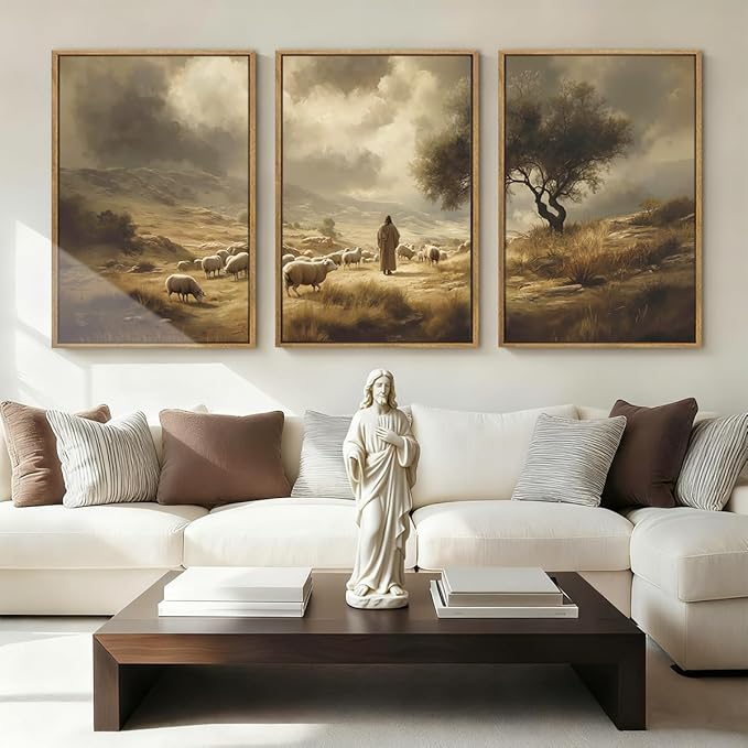 HPNIUB Jesus Leaves the 99 Sheep Framed Wall Art Set,Lost Lamb Religious Wall Decor,Neutral Christian Scripture Art Print,Vintage Inspiring Good Shepherd Artwork for for Church Room Christian Faith Gift-16''x24''x3