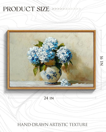 InSimSea Framed Canvas Art Hand-Painted Vintage Blue Hydrangea Art,16x24inch, Textured Floral Paintings Artwork Wall Decor for Living Dining Room Hallway, Classical Still Life Farmhouse Picture