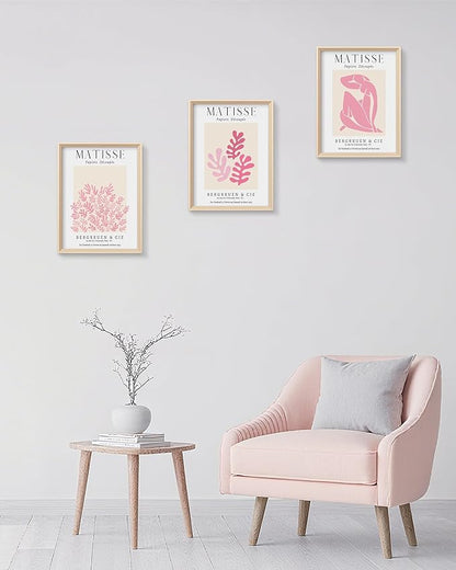 Framed Matisse Pink Canvas Wall Art,Abstract Matisse Canvas Wall Decor,16x12IN High Framed Wood Design Prints,Minimalist Wood Frame Posters for Living Room,Bedroom,Bathroom Set of 3