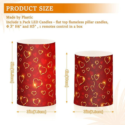 Valentines Lights Flameless Candles Valentines Glden Red Hearts Pillar Candles Set of 2 Battery Operated Remote Control Warm Lights Home Decor