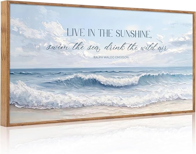 Aurlan Live In The Sunshine Swim The Sea Drink The Wild Air Framed Wall Art(40"x20"), 3D Textured Blue White Coastal Ocean Waves Canvas Artwork, Large Ralph Waldo Emerson Quotes Painting Decor for Home Office Living Room Bedroom