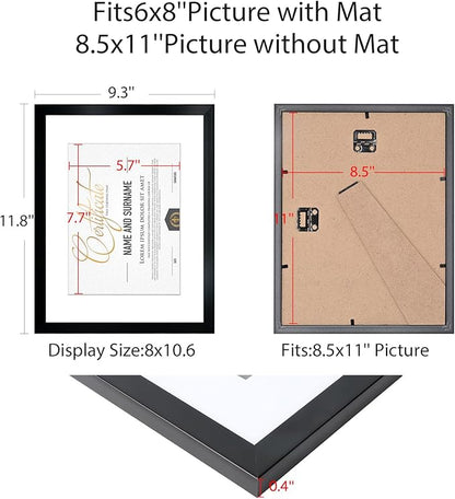 8.5x11 Picture Frame Set of 6, Certificate Document Frame, Diploma Frame, Display Pictures 6x8 with Mat or 8.5x11 Without Mat, Black