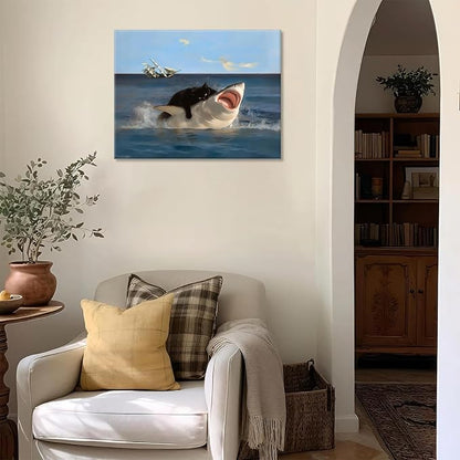 Yaneiro Framed Black Cat Bathroom Wall Art, Funny Quirky Cat and Shark Pictures Canvas Print, Abstract Black Cat Shark Posters Wall Decor for Room Bedroom Living Room Bathroom 12x16 in