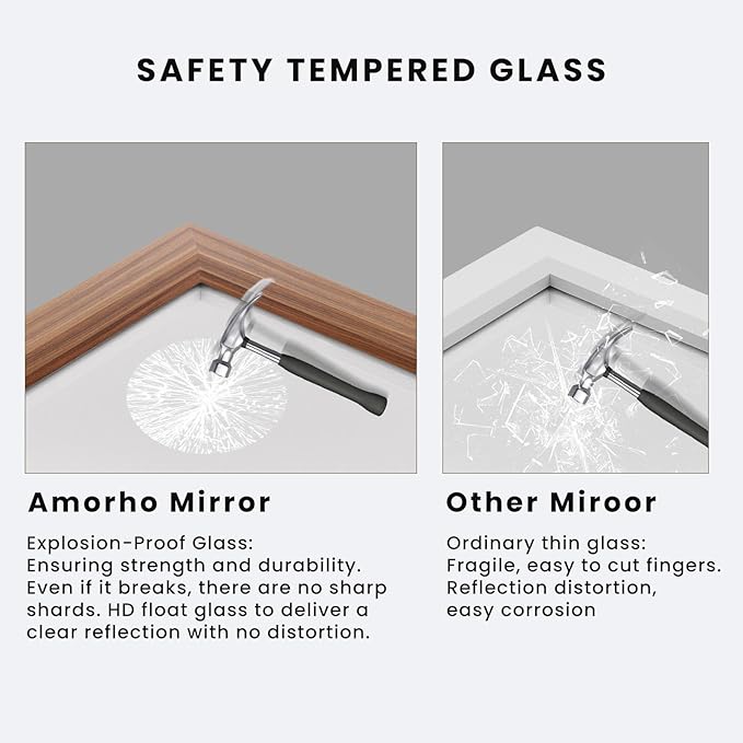 Amorho Bathroom Mirror, 50 X30 Inch Wall Mirror, Walnut Wood Grain Metal Framed, Anti-Rust, Hang Horizontally/Vertically, Suitable for Bedroom, Farmhouse, Bathroom, Decorative