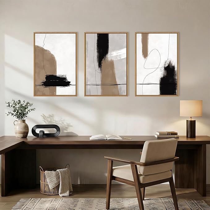 KAIRNE Abstract Neutral Framed Canvas Wall Art Set,Abstract Black Brown Wall Decor,Modern Color Blocks Art Prints,Minimalist Brush Strokes Artwork for Living Room,Bedroom,Farmhouse,Office-16 x24 x3