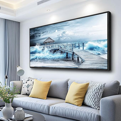 ERQINHUA Wall Decor For Living Room Canvas Wall Art For Bedroom Office Blue Wave Landscape Painting Black Frame Murals Artwork For Modern Stretched and Framed Beach Posters Home Decor 20"X40"