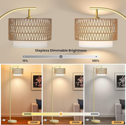 Yusist Arc Floor Lamp for Living Room,Gold Floor Lamps with Remote Control & Dimmable Bulb,Rattan Boho Tall Standing Lamp for Bedroom Office