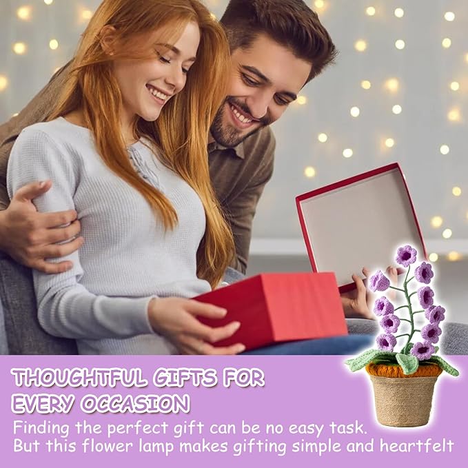 Lily of The Valley Lamp, Purple Crochet Artificial Flowers with Night Lights, Cordless Table Lamp -Birthday Gifts for Women,Cozy Home Decor Mothers Day Gifts