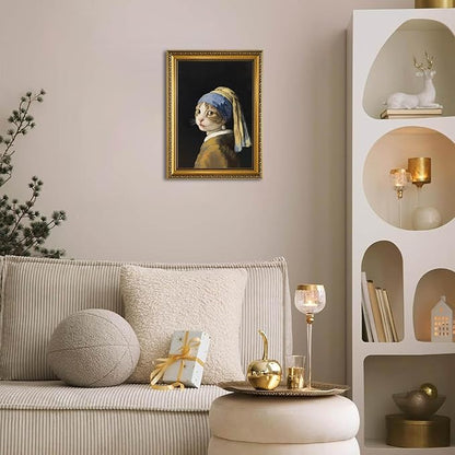 YD&YZY Gold Framed Funny Cat Wall Art Canvas Girl with a Pearl Earring Cat Wall Decor Unique Cute Animal Painting Picture Print Artwork for Bedroom Living Room Bathroom 12x16 inch Framed