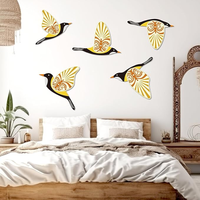 KOYILTD 5 Piece Bird Wood Wall Sculptures Wooden Wall Art Decor Scandinavian Home Decorations Flying Bird Wall Decor Farmhouse Wall Art for Home Living Room Bathroom Dining Room (Yellow)