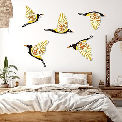 KOYILTD 5 Piece Bird Wood Wall Sculptures Wooden Wall Art Decor Scandinavian Home Decorations Flying Bird Wall Decor Farmhouse Wall Art for Home Living Room Bathroom Dining Room (Yellow)