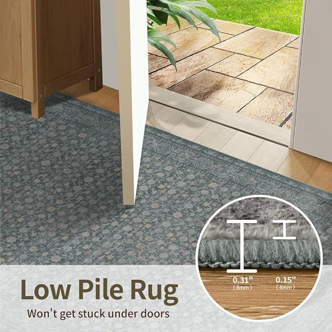 Rugxara 3x5 Washable Entryway Rug, Non Slip Boho Runner Rugs for Hallway, Entrance, Kitchen, Bathroom, Laundry Room, Soft Entryway Carpet, Throw Low Pile Retro Imitation Wool Carpet, Soft Blue