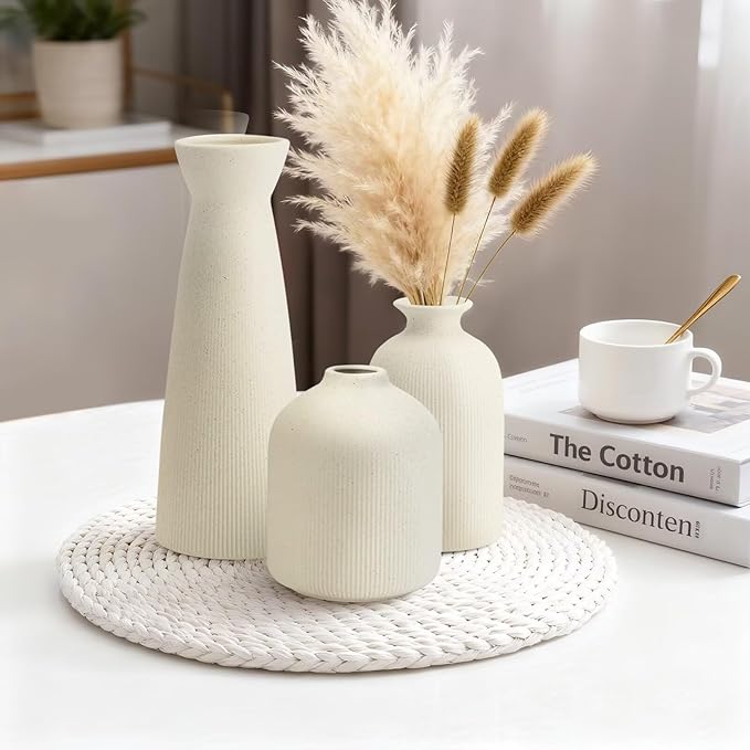 Ceramic Flower Vases Set of 3, Valentine's Day Gift Vases with Vertical Stripe Texture, Modern Decorative Vases for Dried Flowers, Home Decor Vases for Living Room Bedroom Kitchen Shelf(Beige)