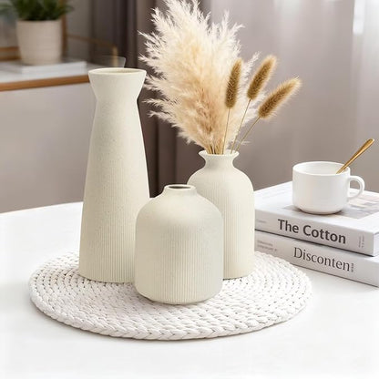 Ceramic Flower Vases Set of 3, Valentine's Day Gift Vases with Vertical Stripe Texture, Modern Decorative Vases for Dried Flowers, Home Decor Vases for Living Room Bedroom Kitchen Shelf(Beige)