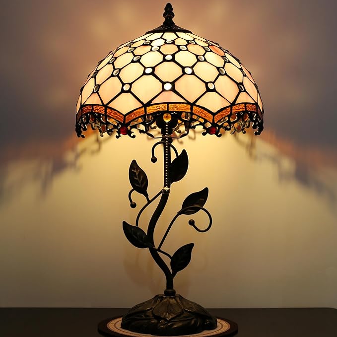 Tiffany Lamp Stained Glass Style Table Lamp Pink Beads Style Bedside Desk Reading Light W12H19 Inch Metal Leaf Base with Metal Leaf Base