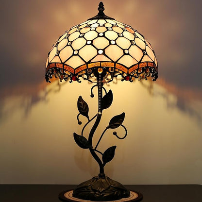 Tiffany Lamp Stained Glass Style Table Lamp Pink Beads Style Bedside Desk Reading Light W12H19 Inch Metal Leaf Base with Metal Leaf Base
