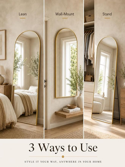 Full Length Mirror, 71"x27" Arched Floor Mirror Freestanding, Floor Standing Full Body Mirror with Stand for Bedroom, Hanging Mounted for Living Room Cloakroom, Gold