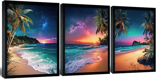 Beach Sunset Black Framed Wall Art for Living Room Tropical Ocean Canvas Prints Northern Lights Aurora Natural Landscape Painting Large Wall Decor for Bedroom Office Dining Room 16"x24"x3pcs