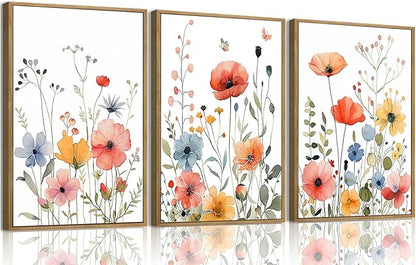 KISSFOX Colorful Wildflower Canvas Wall Art Set Of 3 Flowers Pictures Prints Flowers Printing Floral Watercolors Flower wall Decor Living Room Girls Bedroom Bathroom (White, 12"x16" Natural Framed, Framed)
