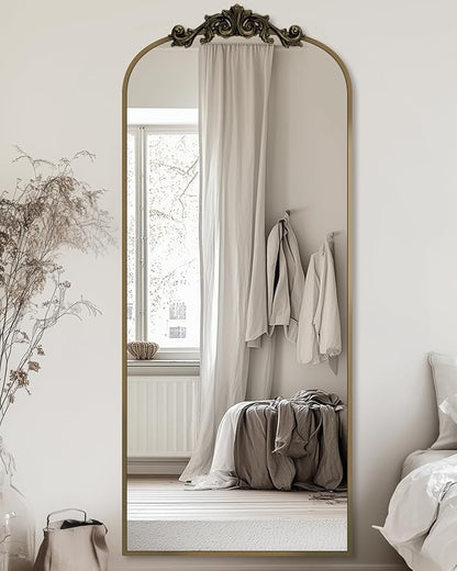 Antok Arched Full Length Mirror, 65"x24" Floor Mirror with Carved, Full Body Mirrors for HomeDecor, Standing/Halling Large Wall Mirror for Bedroom, Living Room, Cloakroom, Bronze, Retro Style
