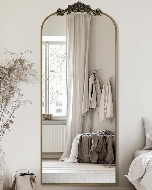 Antok Arched Full Length Mirror, 65"x24" Floor Mirror with Carved, Full Body Mirrors for HomeDecor, Standing/Halling Large Wall Mirror for Bedroom, Living Room, Cloakroom, Bronze, Retro Style