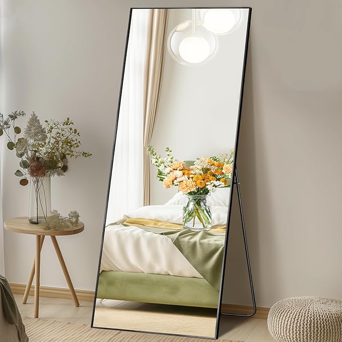 Sweetcrispy 64"x21" Full Length Mirror, Full Body Mirror with Aluminum Alloy Thin Frame, Leaning or Standing, Suitable for Bedroom, Livingroom, Cloakroom, Black