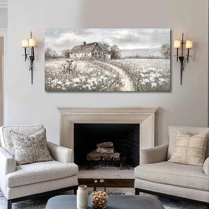 Highland Cow Canvas Wall Art, Neutral Landscape – Rustic Country Cottage with Beige Meadow Flowers, Large Framed Canvas, Ready to Hang, 24x48 Inches