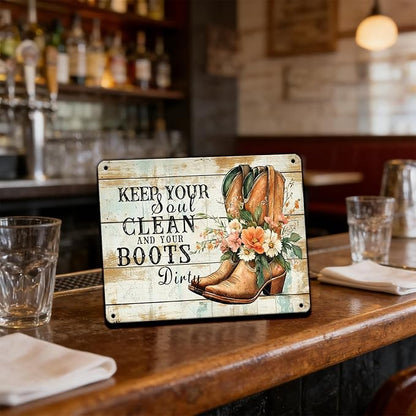 Cowboy Sign Vintage Tin Sign Keep Your Soul Clean and Your Boots Dirty Iron Painting Western Cowboy Decor for Home Hotel Club Man Cave 16x12 Inch