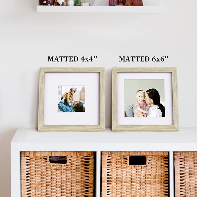 Egofine 8x8 Picture Frame 4PCS, Made of Solid Wood Covered by Plexiglass Display 4x4/6x6 with Mat or 8x8 without Mat, for Table Top Display and Wall Mounting Photo Frame, Distressed Wood Grain