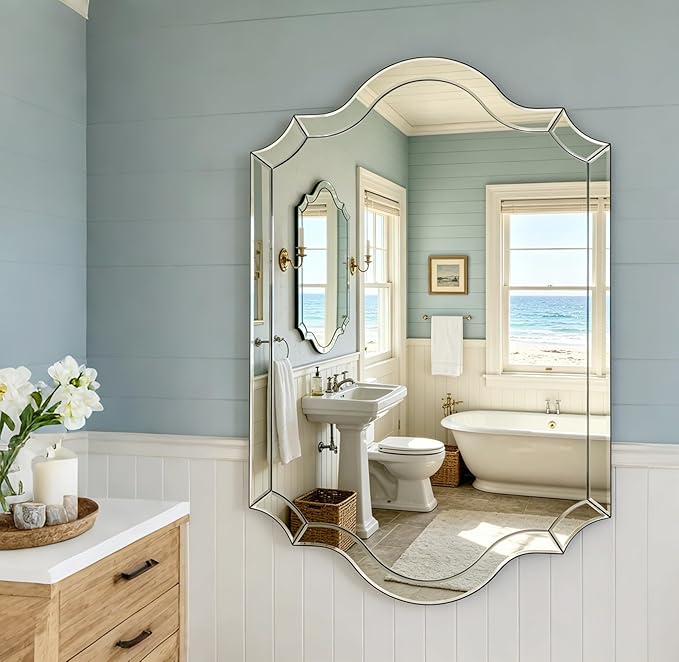 Chende 32"x47" Scalloped Large Wall Mirror for Decor Living Room, Arched Decorative Mirror with Clear Glass Frame and Beveled Edge, Modern Vertical/Horizontal Hanging, Gifts for Girls
