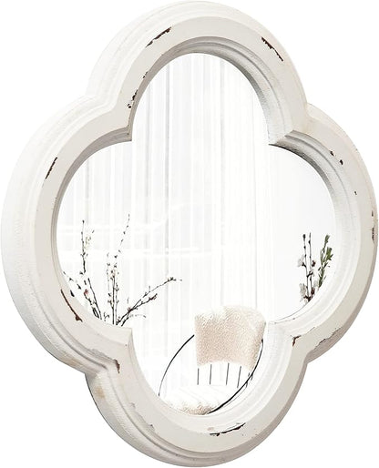 Vintage Small Scalloped Wall Mirror Decorative 8.9 inch, Hanging Distressed White Rustic Quatrefoil Wooden Mirrors for Wall Decor Living Room, Farmhouse Clover Shape Floral Mirror