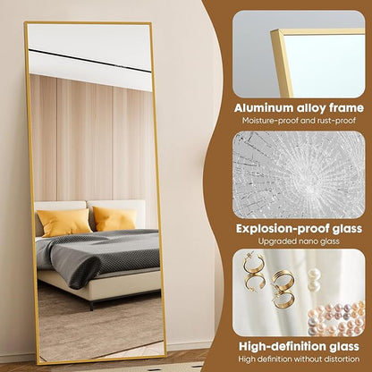 Sweetcrispy 71"x26" Full Length Mirror, Full Body Mirror with Aluminum Alloy Thin Frame, Leaning or Standing, Suitable for Bedroom, Livingroom, Cloakroom, Gold