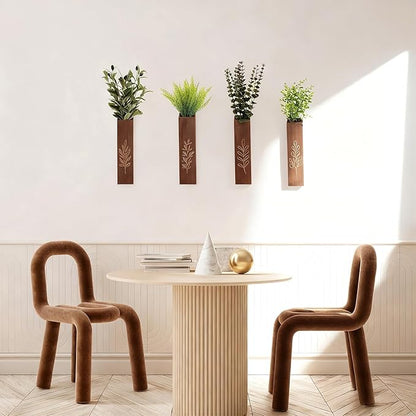 4-Pack Wooden Wall Vases, Slim Pine Wall Planters with 4 Faux Greenery Stems, Adhesive Hooks & Screws, Modern Farmhouse Wall Decor for Living Room, Bedroom, Bathroom (Dark Brown)