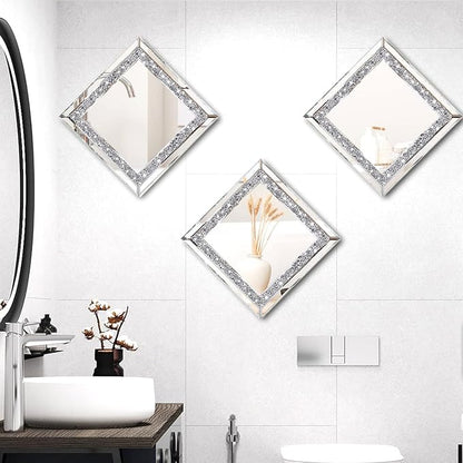 ZOLAPI 2PCS Crystal Rhinestone Diamond Wall Mirror.Brilliant Hand-Spliced Glass Mirror.Accent Decorative Mirror for Hallway/Bathroom/Bedroom（12”x12”）