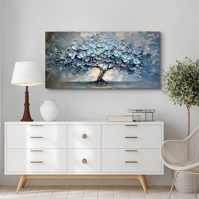 crmotu Tree of Life Large Wall Art for Living Room, Blue Floral Tree Abstract Canvas Prints Aesthetic Pictures, Modern Neutral Wall Decor for Bedroom Bathroom Office, Nature Botanical Decor 29"X57"